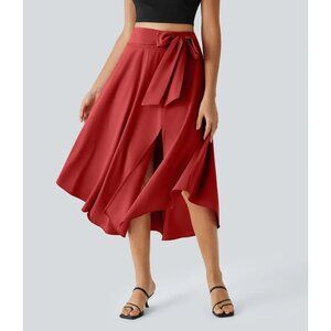 Halara Breezeful High Waisted Tie Side 2-In-1 Curved Hem Flowy Midi Skirt Kapok